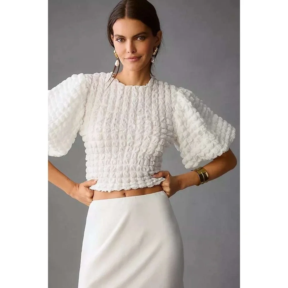 Anthropologie Eri + Ali White‎ Popcorn Puff Sleeve Top BE24403 XS